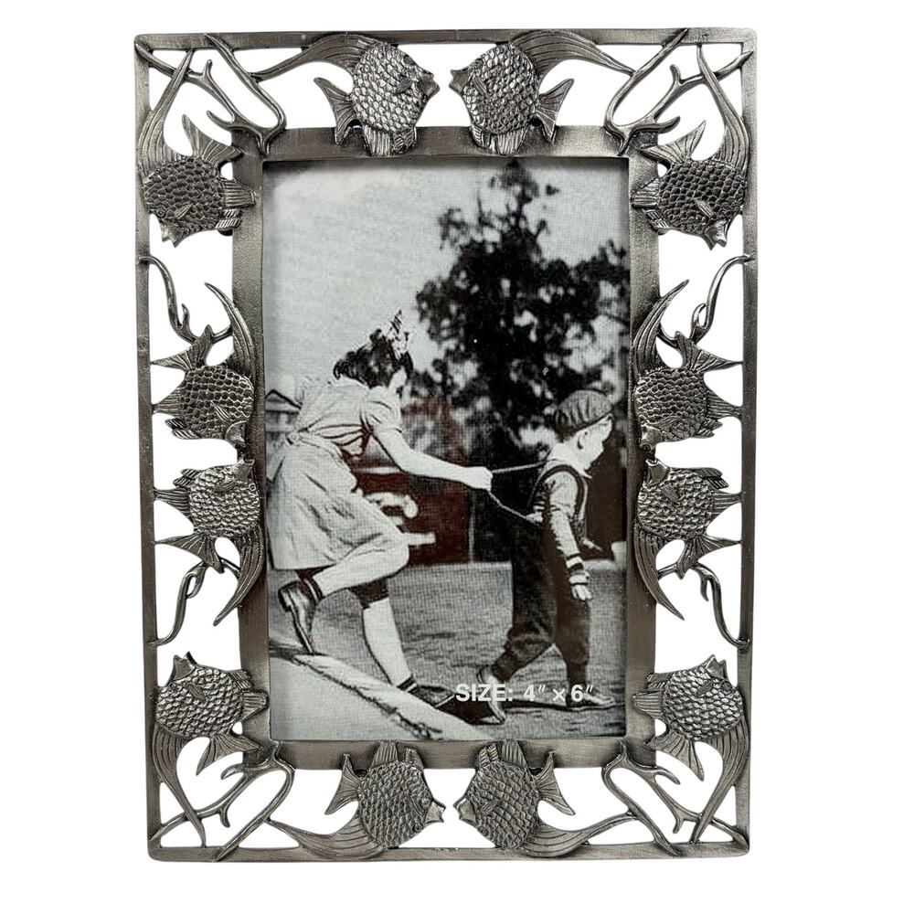 Ocean Sea Reef Nautical Pewter Picture Frame 5.75x7.75" Angel Fish Holds 4x6”